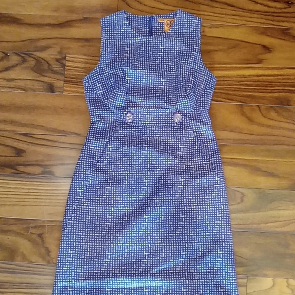 Tory Burch Navy and White Sleeveless Sheath Dress